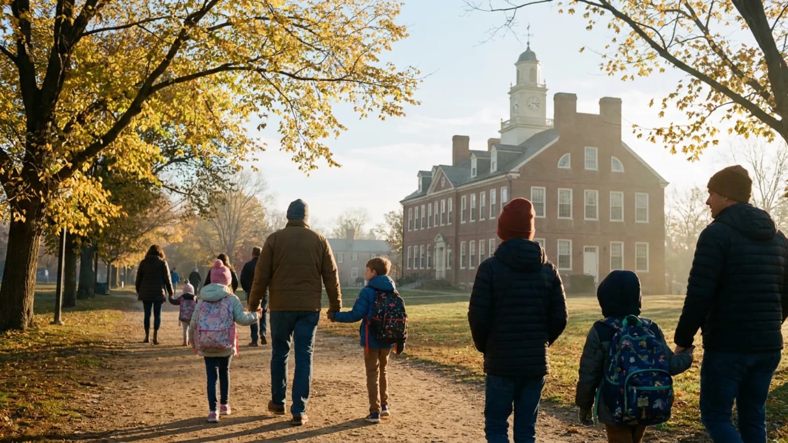 Families walking up a tree-lined path to a red-brick school