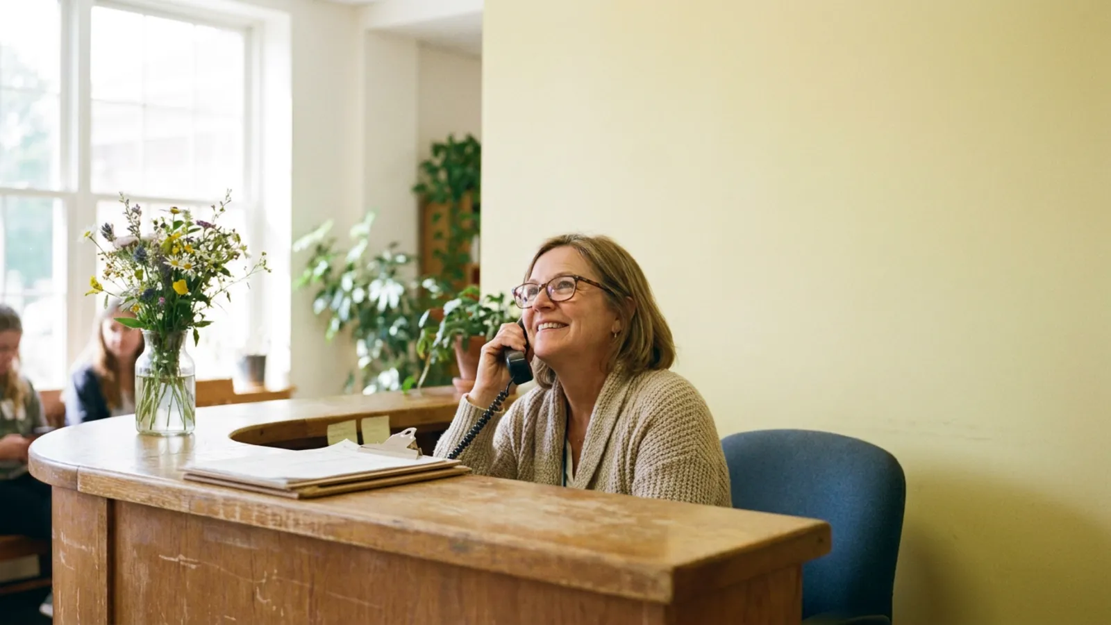 A smiling front-office administrator at a school reception desk