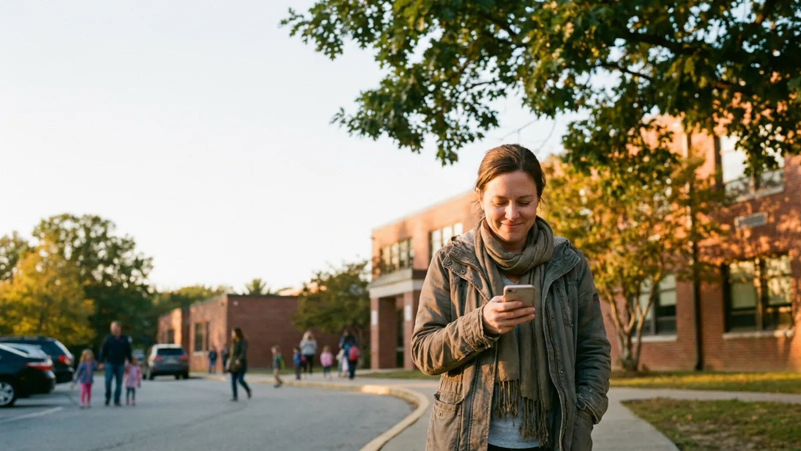 A parent at school pickup smiling at her phone