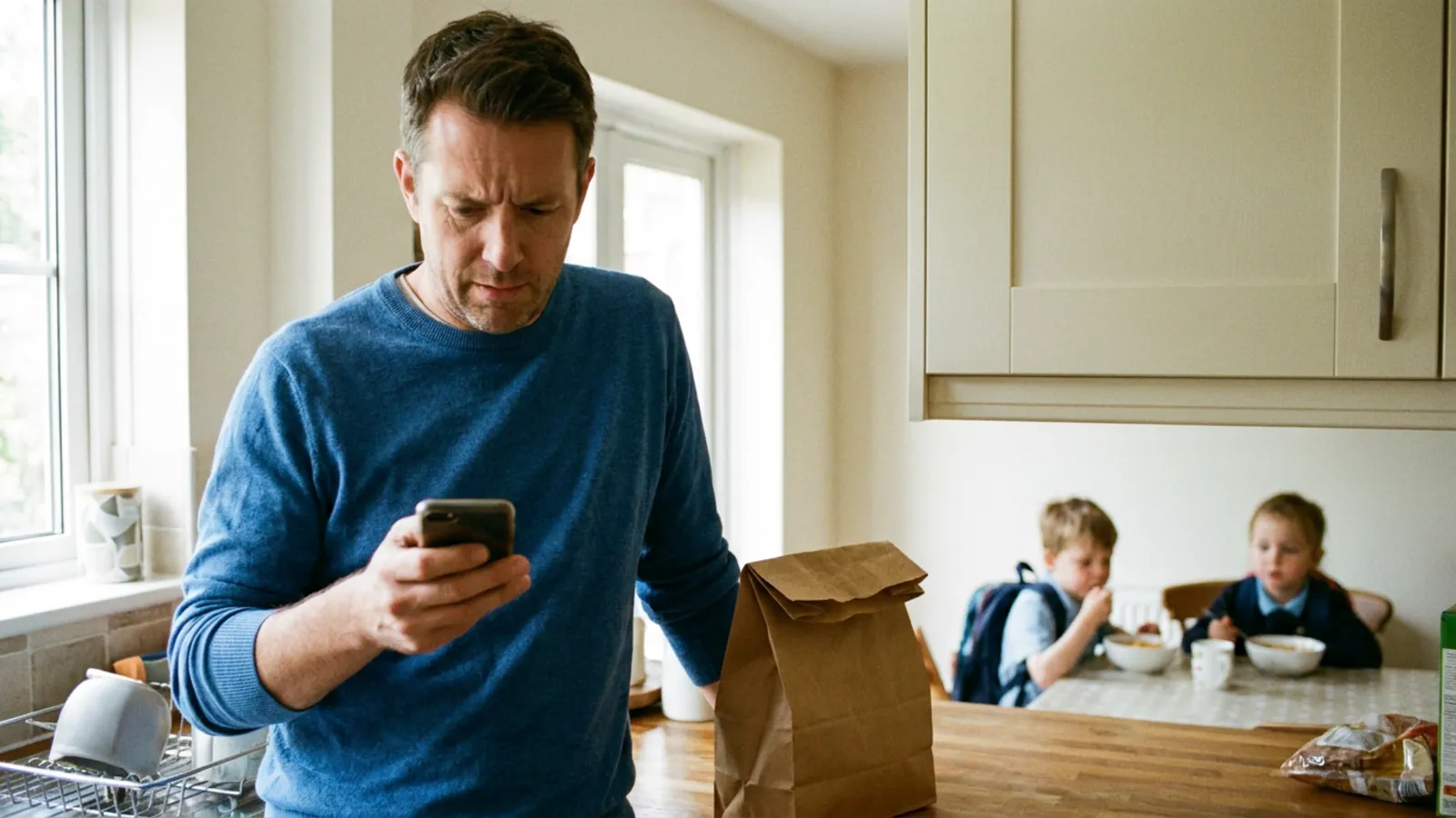 A father on a busy school morning frowning at his phone while packing lunch