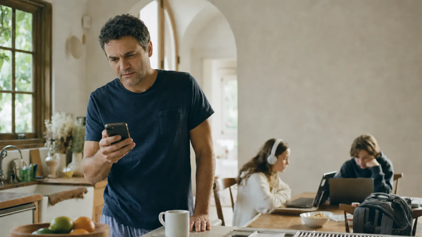 A dad looking down at his phone in the kitchen while his kids do online school on laptops at the table