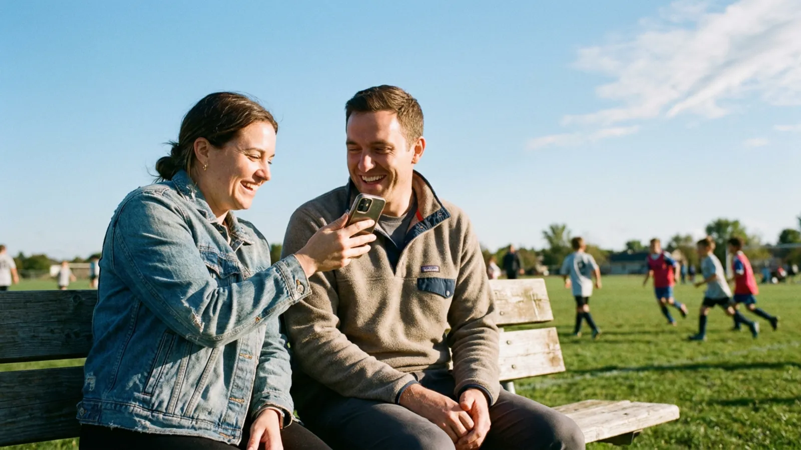 Two parents on a sideline bench sharing news on a phone