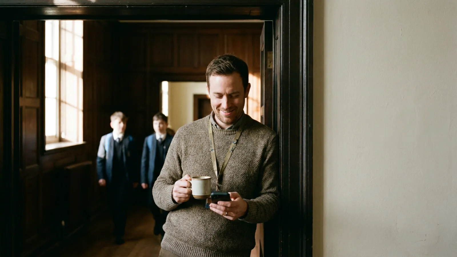 A teacher in a school hallway smiling at his phone
