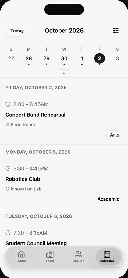 The school calendar in the School Journey app, light mode